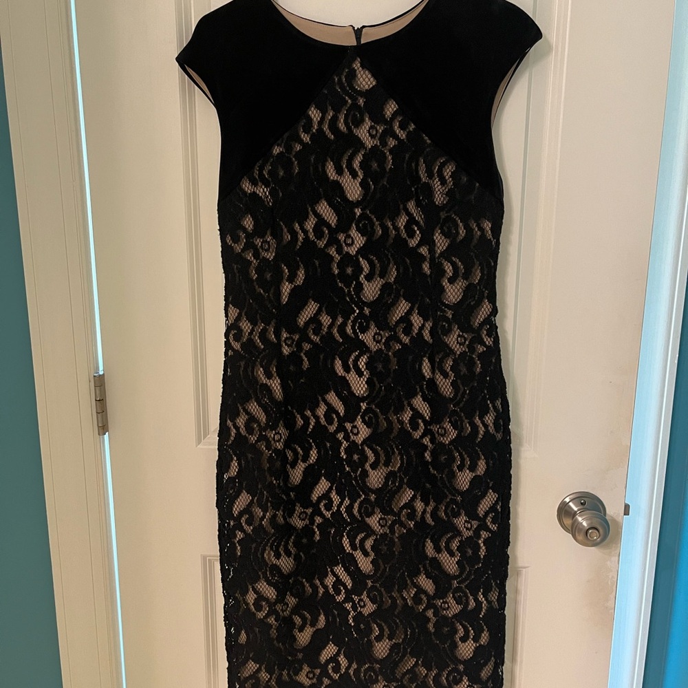 Black and Tan Sheath Dress Cap Sleeve Crew Neck Midi